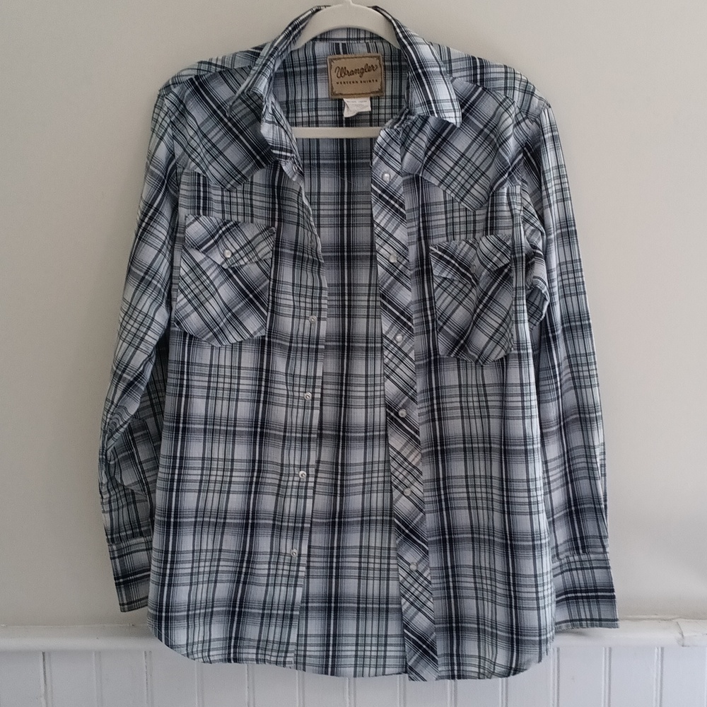 [WRANGLER - SMALL] Light-Blue Long-Sleeve Plaid Shirt w/ Snap Buttons